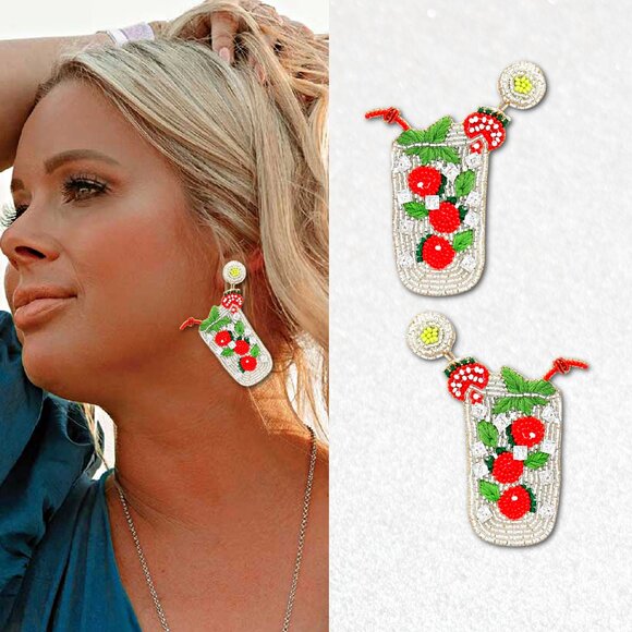 Strawberry Bellini Cocktail Bead Embroidered Summer Drink Statement Earrings NEW - Picture 1 of 3